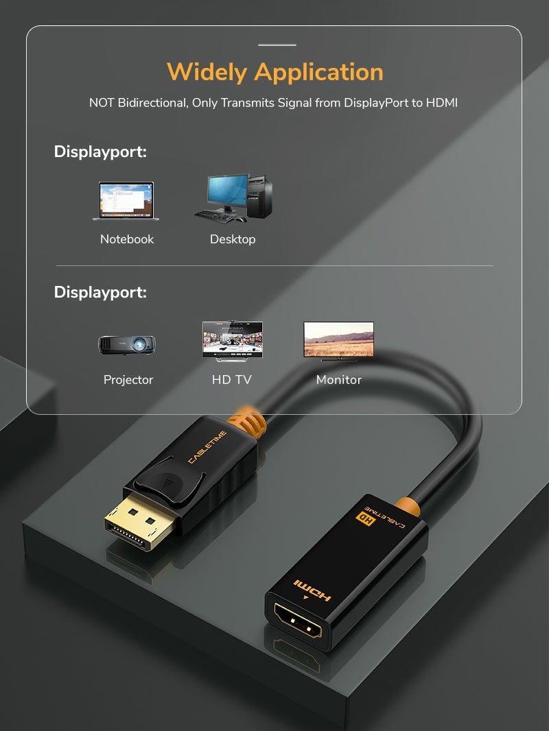 كابل تايم محول كابل تايم من منفذ العرض إلى منفذ HDMI، يدعم دقة Full HD (1920*1080 بكسل)/60 هرتز، غلاف من مادة PVC سوداء - Image 1